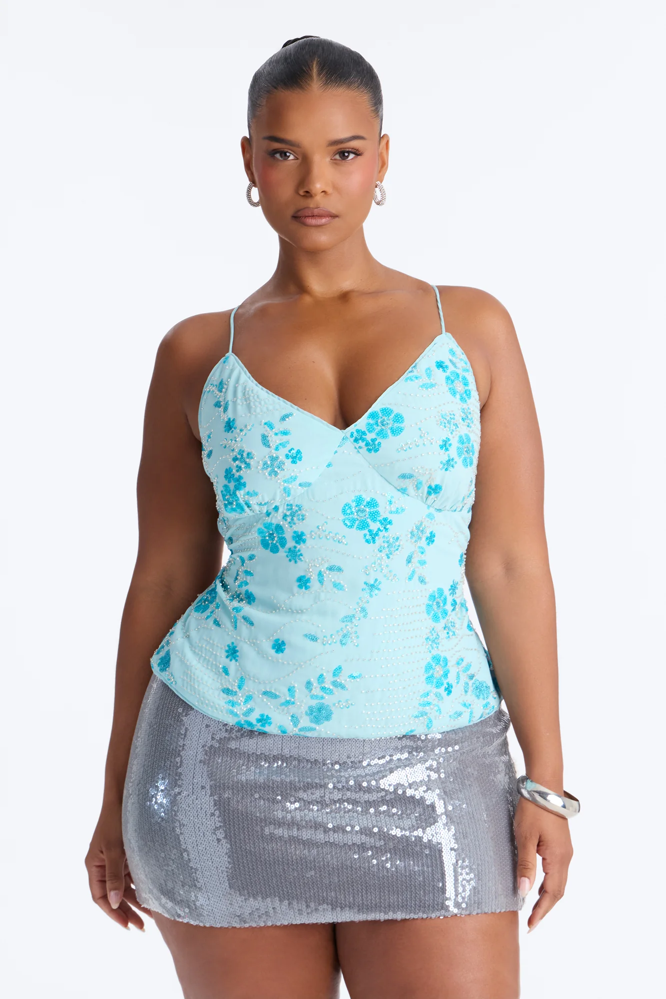 Catch Me Front Row Sequin Strappy Back Top - Light Blue - Image 5