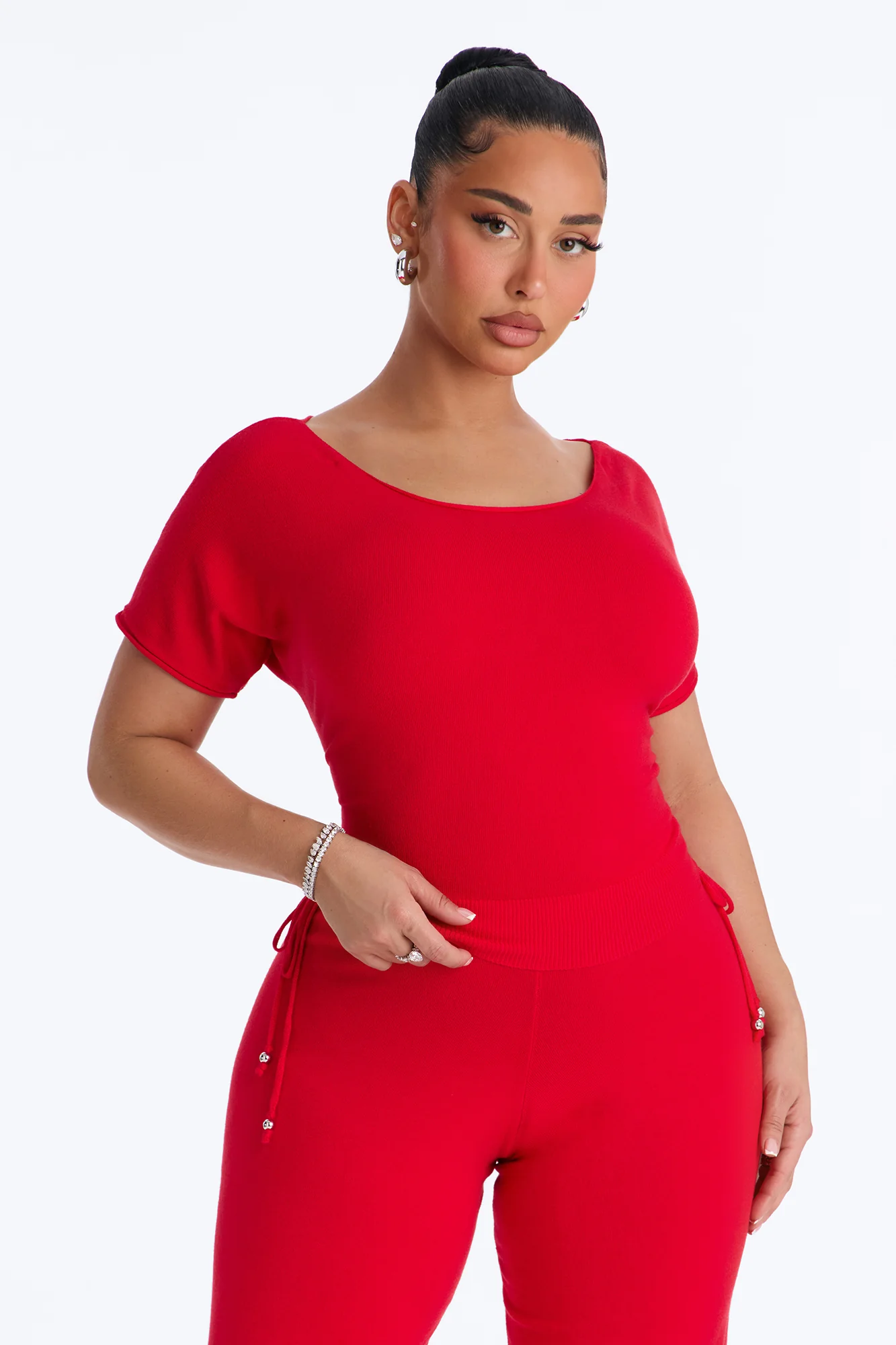 Catelyn Sweater Knit Off Shoulder Pant Set - Red - Image 2