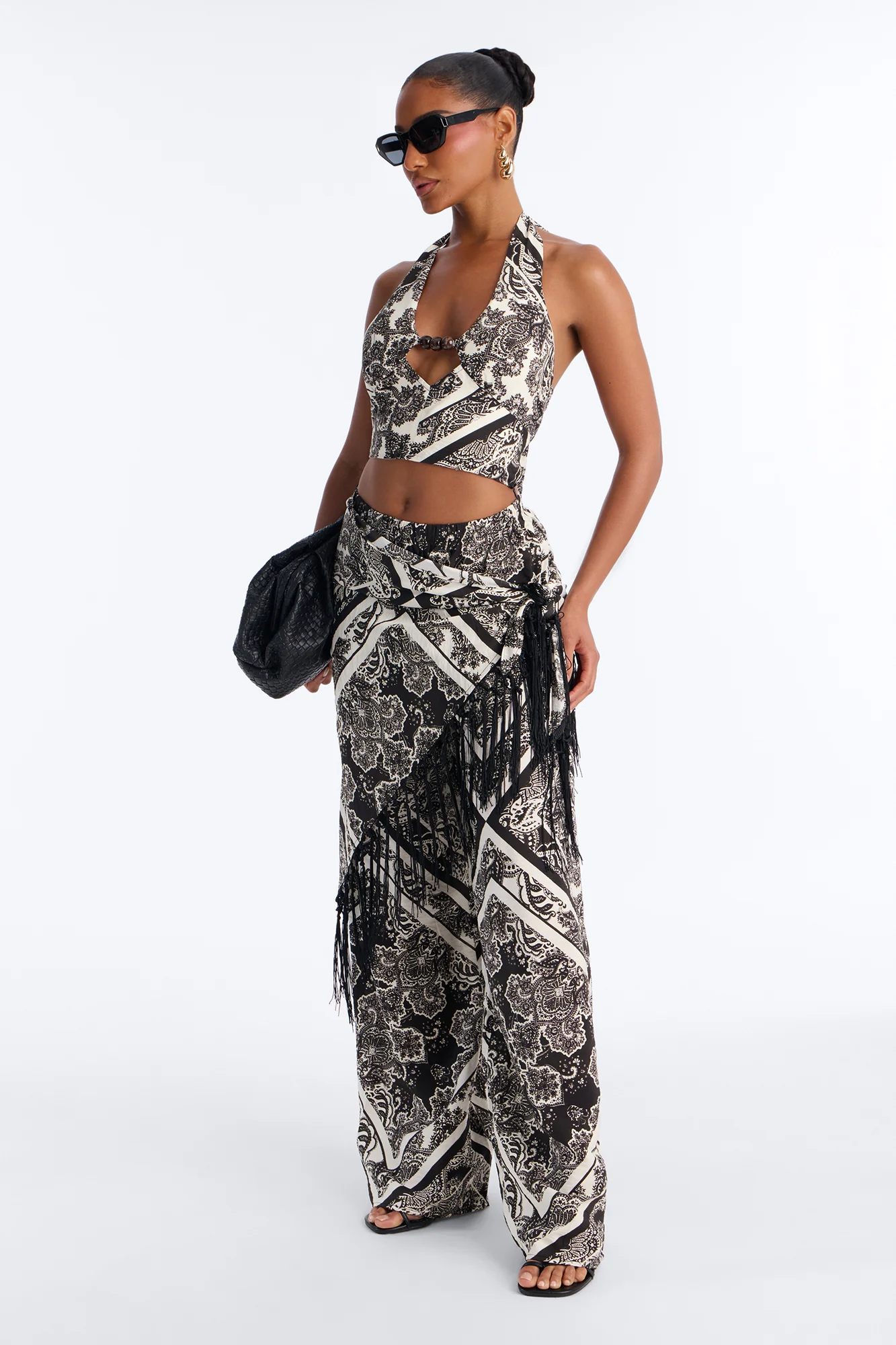 Catherine 3 Piece Halter Scarf Pant Set - Chocolate/Combo