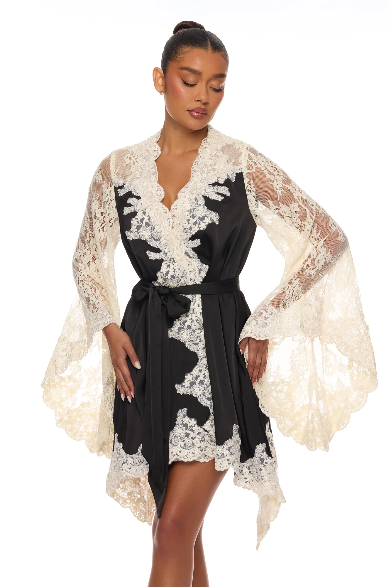 Cathryn Lace Satin Kimono - Black - Image 2