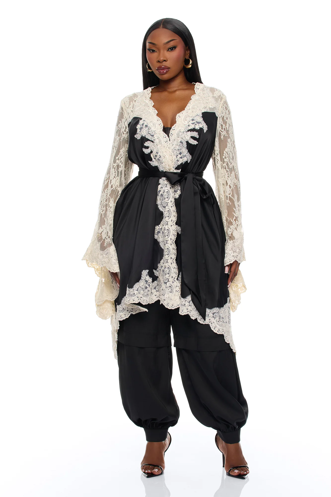 Cathryn Lace Satin Kimono - Black - Image 4