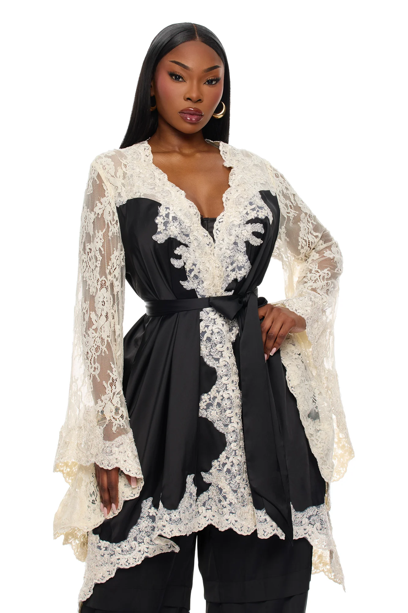 Cathryn Lace Satin Kimono - Black - Image 5