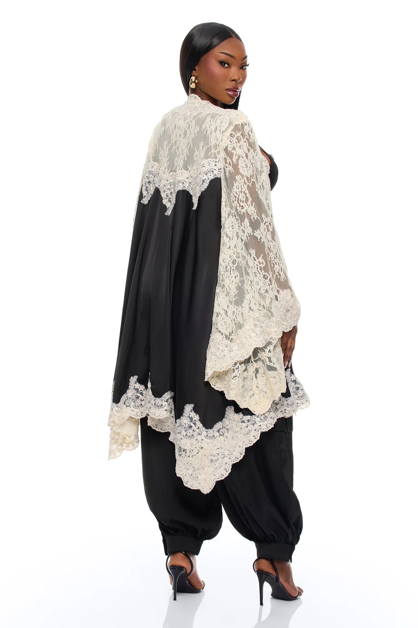 Cathryn Lace Satin Kimono - Black - Image 7