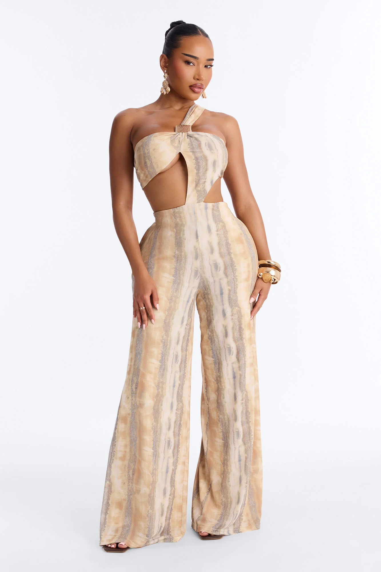 Cecili Mesh Wide Leg Jumpsuit - Tan/Multi
