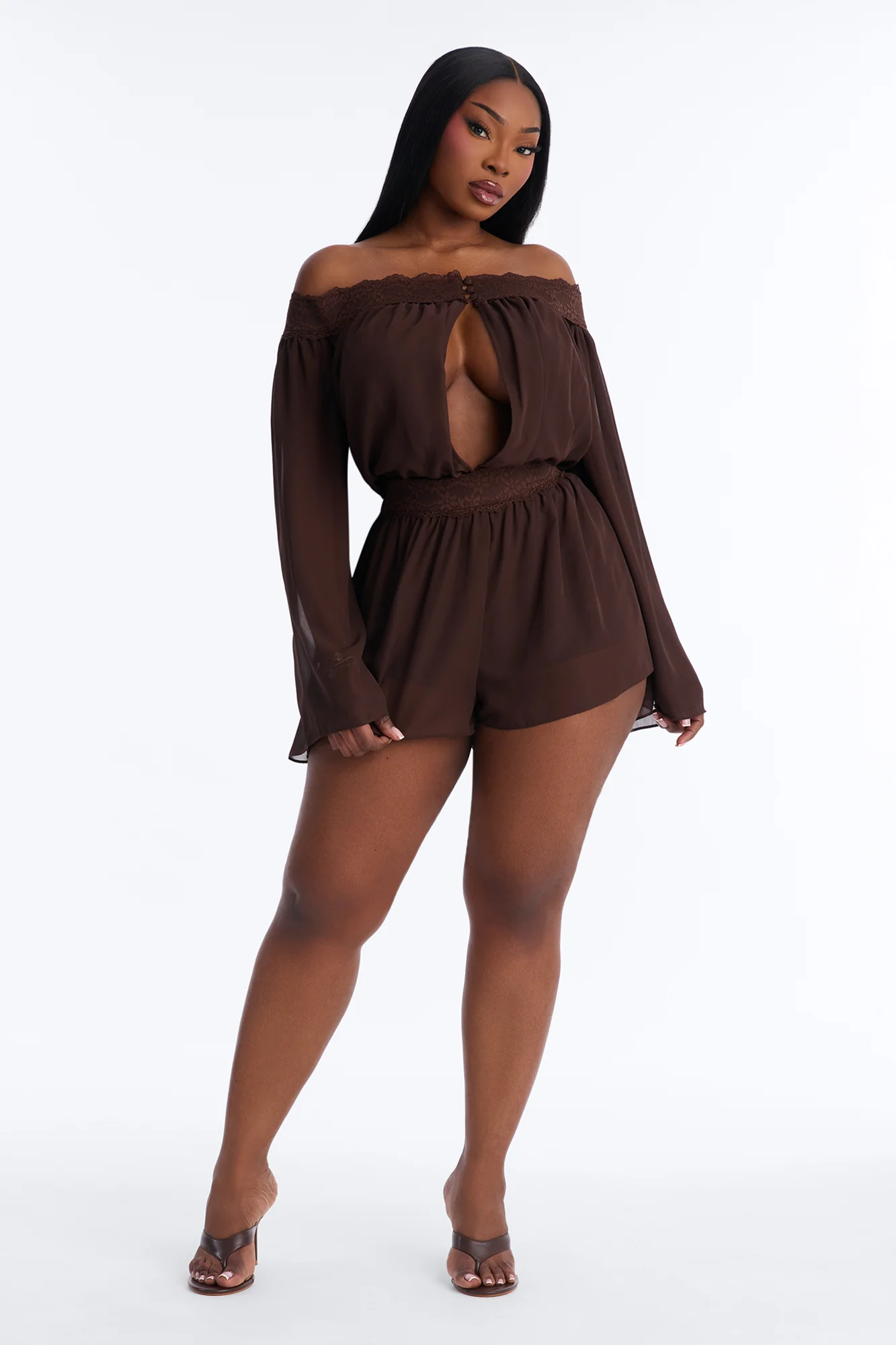Cecilia Chiffon Off Shoulder Lace Romper - Chocolate - Image 6