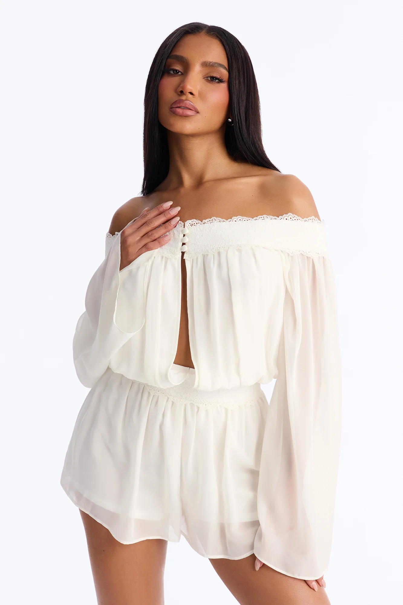 Cecilia Chiffon Off Shoulder Lace Romper - White - Image 2