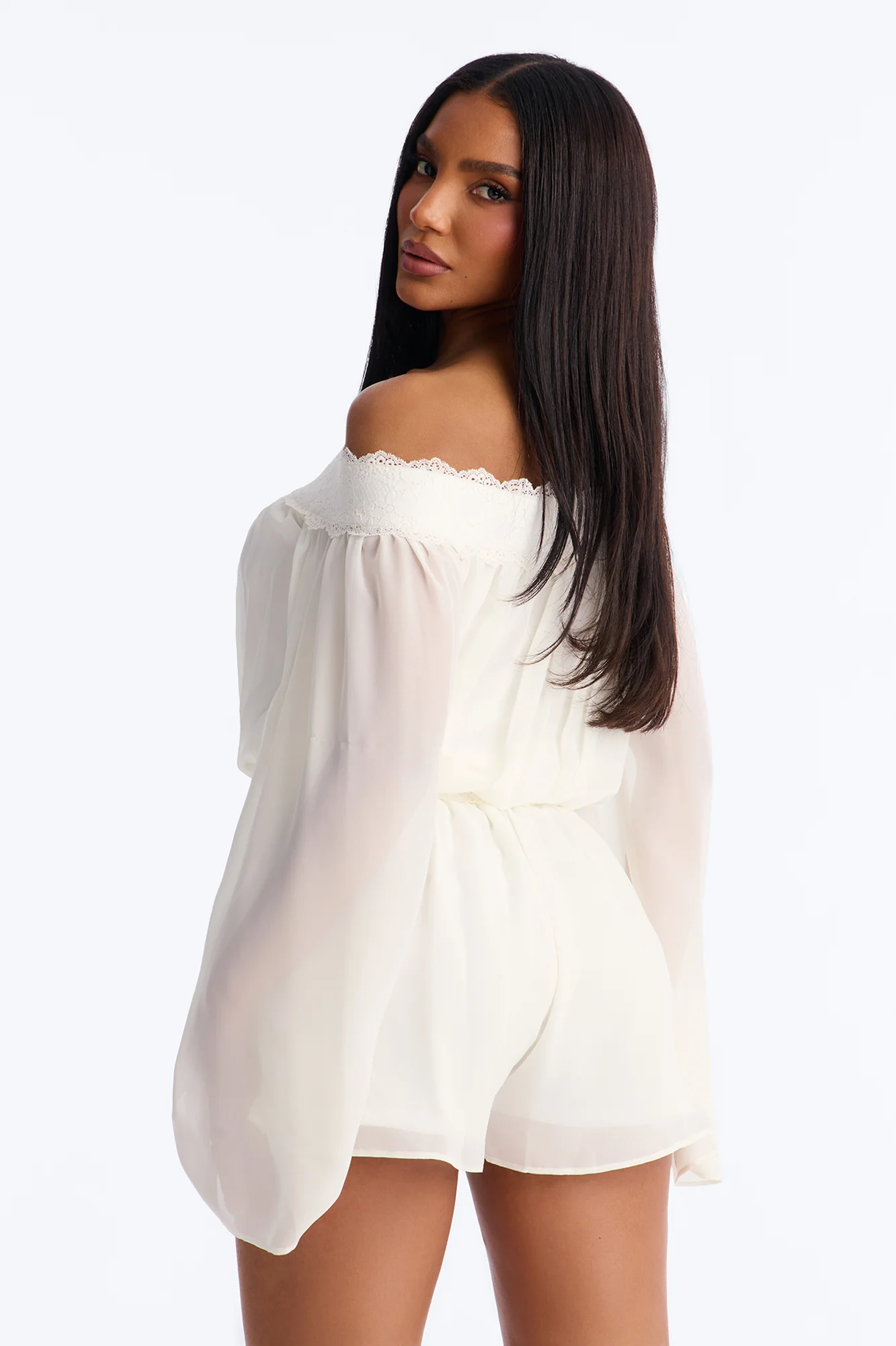 Cecilia Chiffon Off Shoulder Lace Romper - White - Image 4