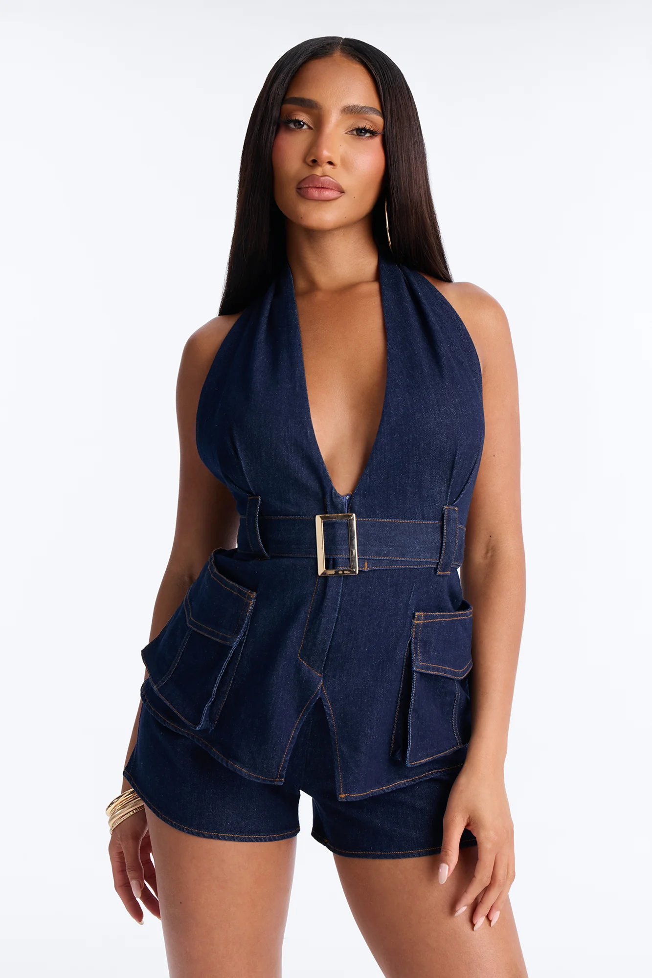 Cecille Plunge Neck Belted Denim Romper - Dark Wash