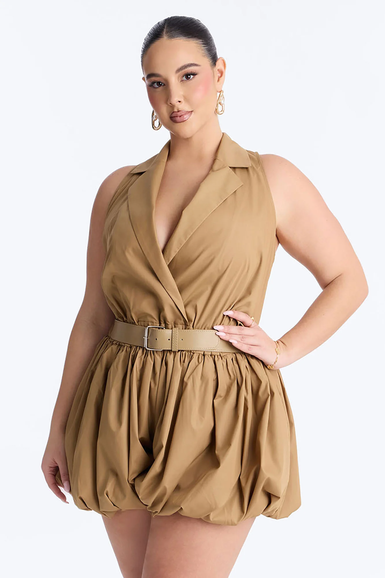 Cecille Poplin Belted Romper - Tan - Image 5