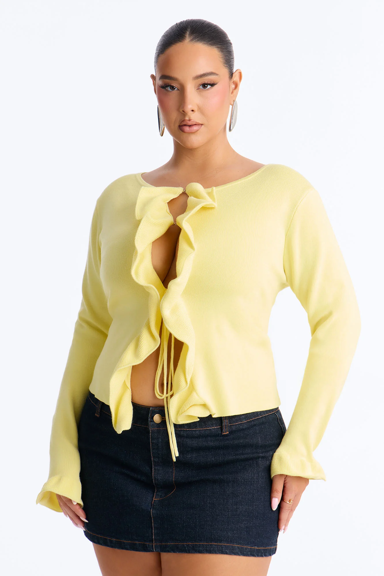 Cecily Ruffle Tie Front Cardigan Sweater - Yellow - Image 5
