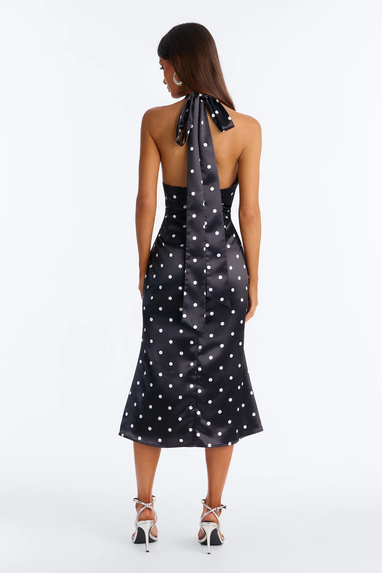 Celeste Satin Polka Dot Midi Dress - Black/White - Image 3