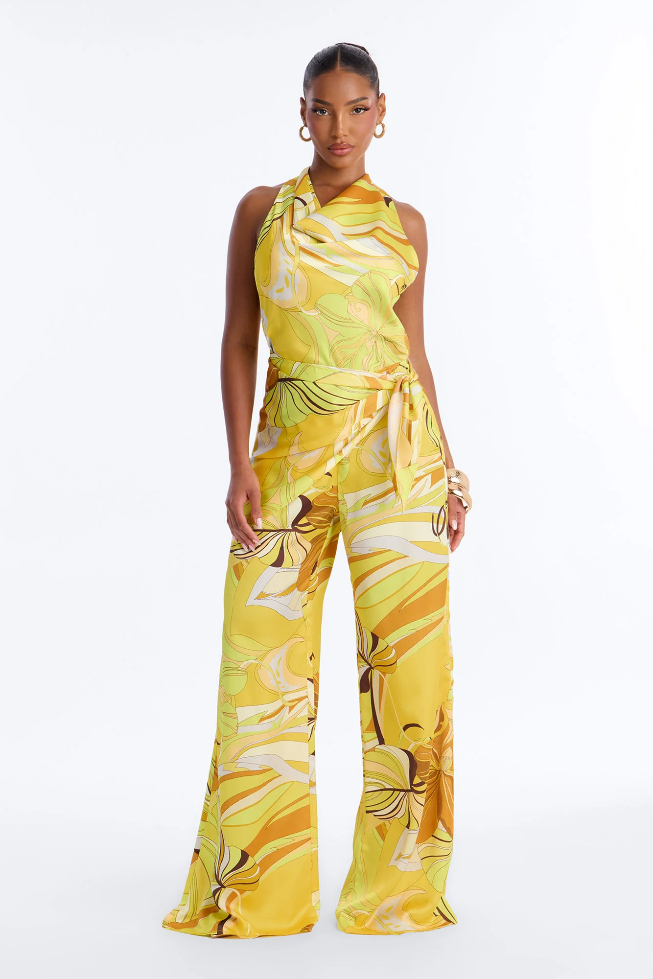 Celia 2 Piece Satin Waist Scarf Jumpsuit - Yellow