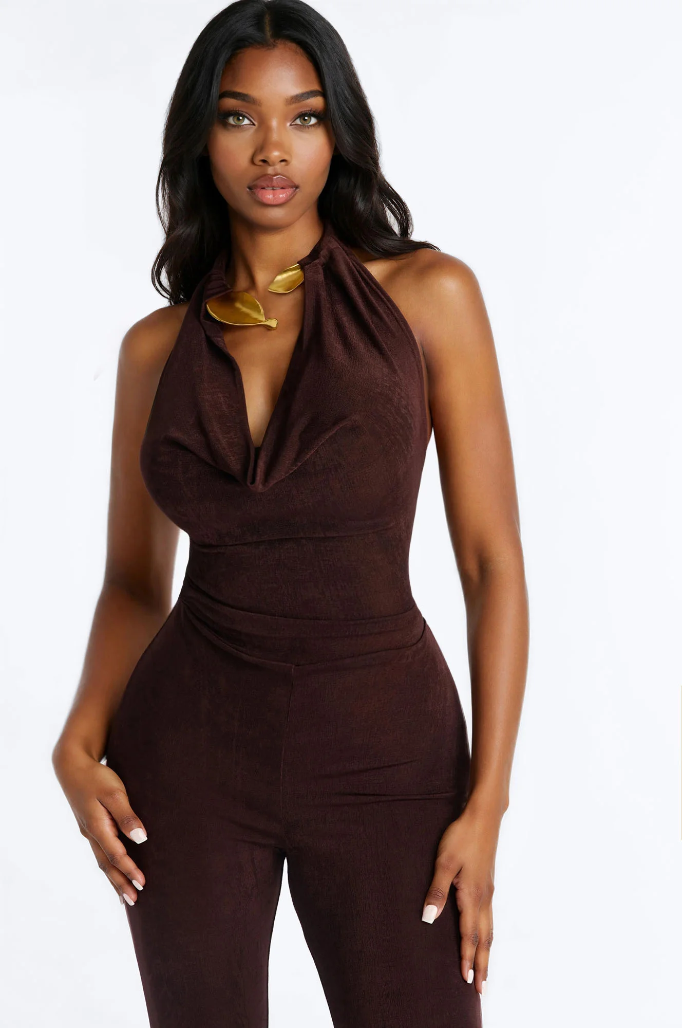Celia Cowl Flare Jumpsuit - Chocolate - Image 2