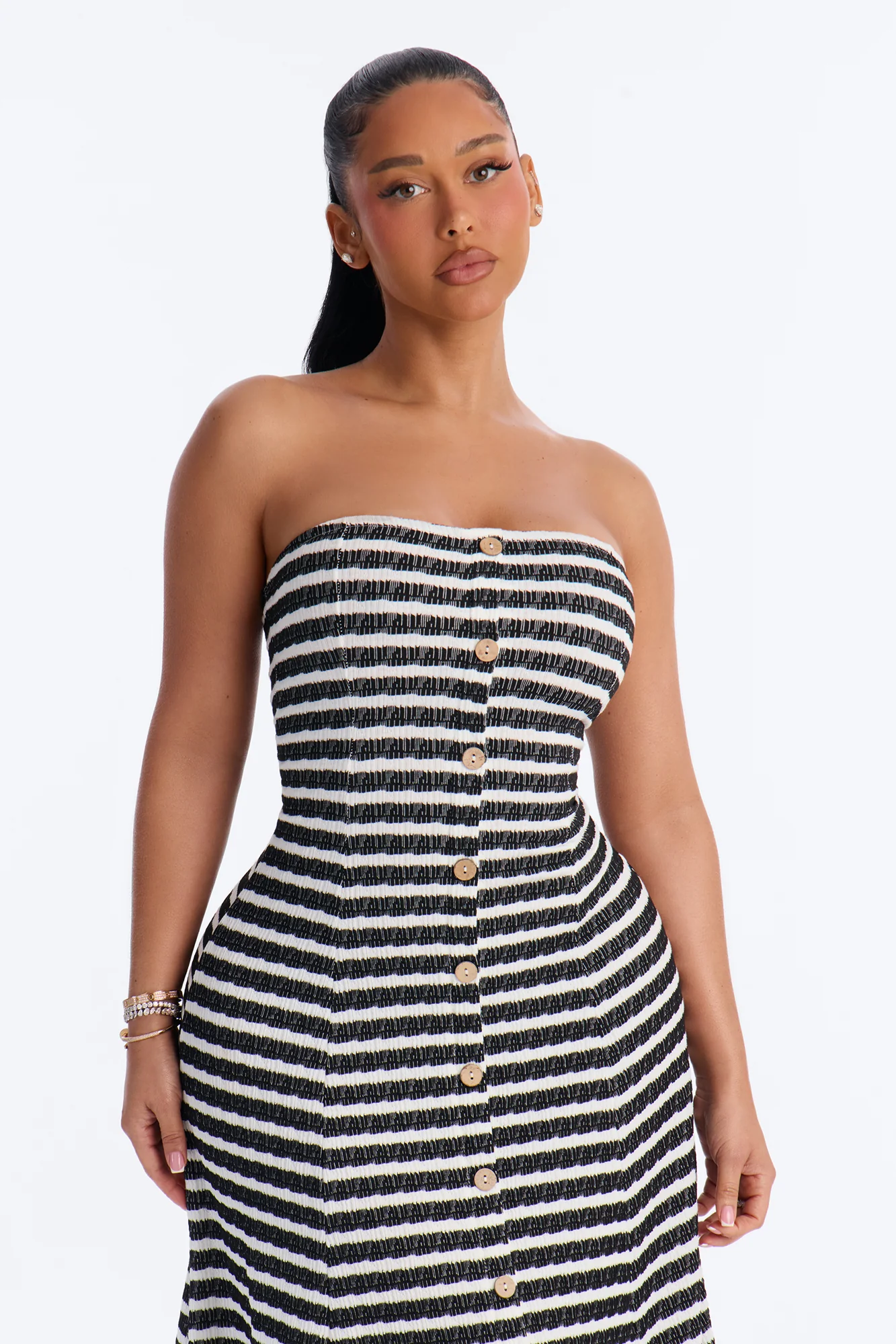 Celia Striped Textured Midi Dress - Black/White - Image 2