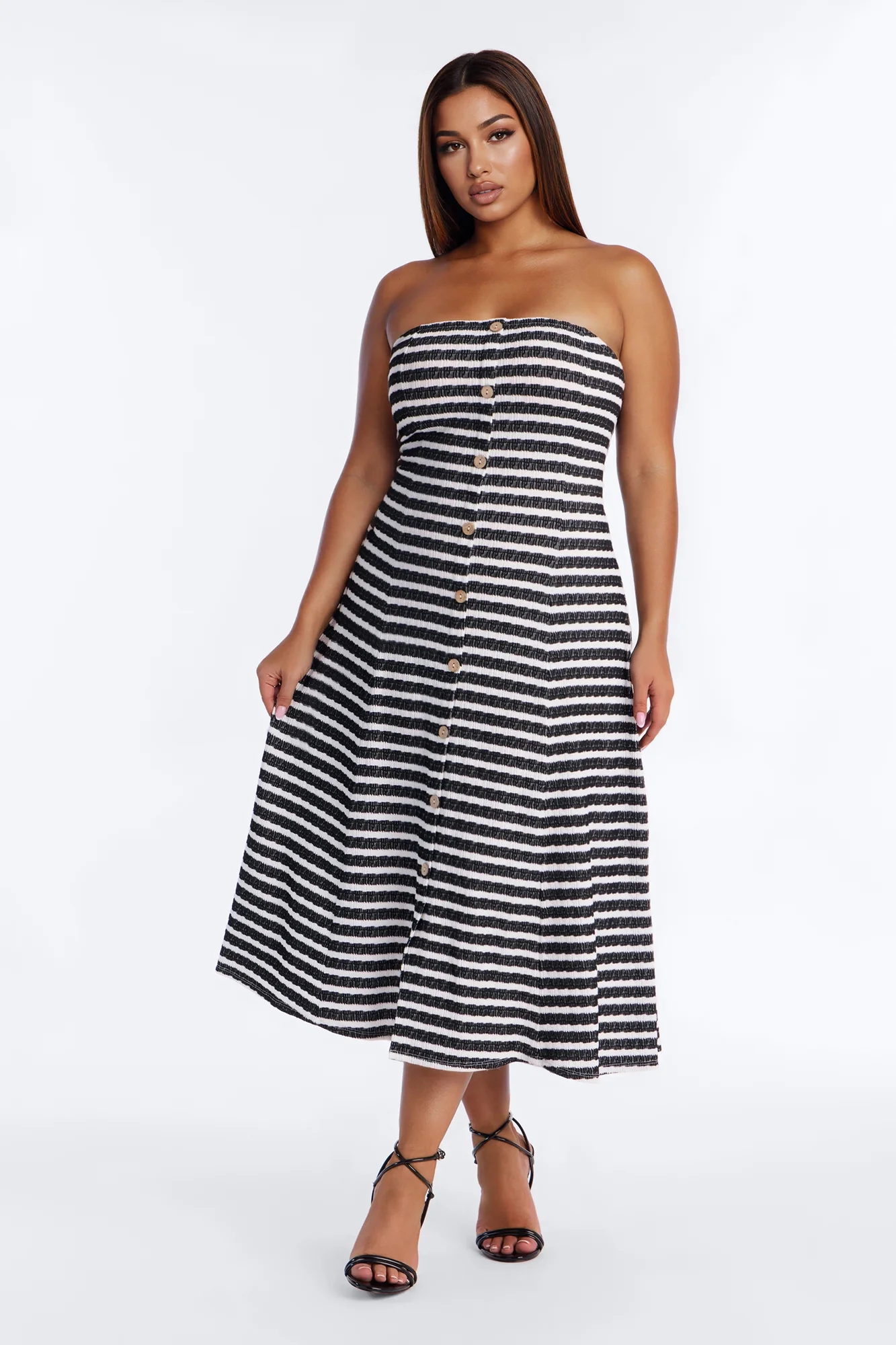 Celia Striped Textured Midi Dress - Black/White - Image 5