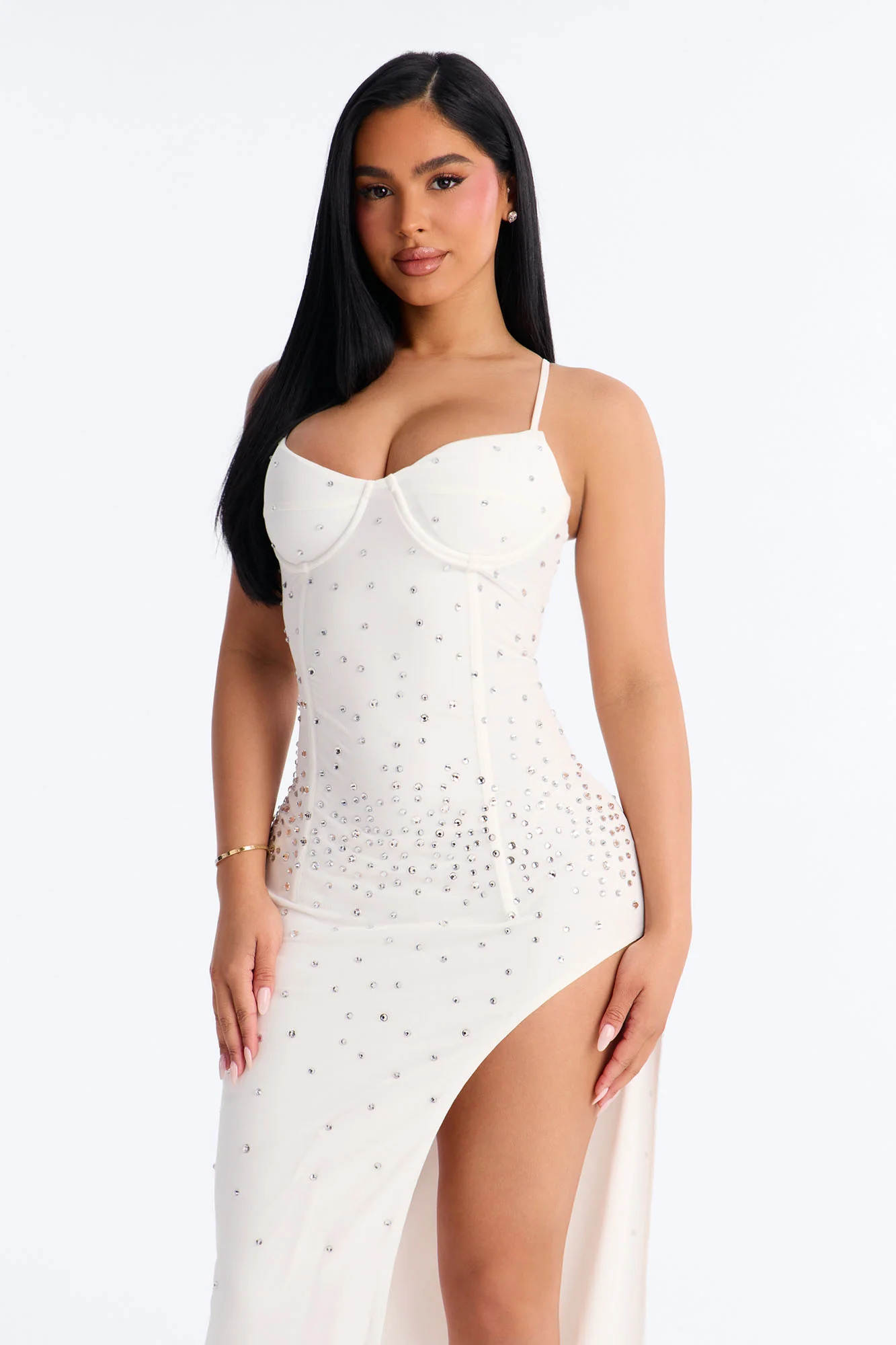 Celina Rhinestone Mesh Maxi Dress - White - Image 2