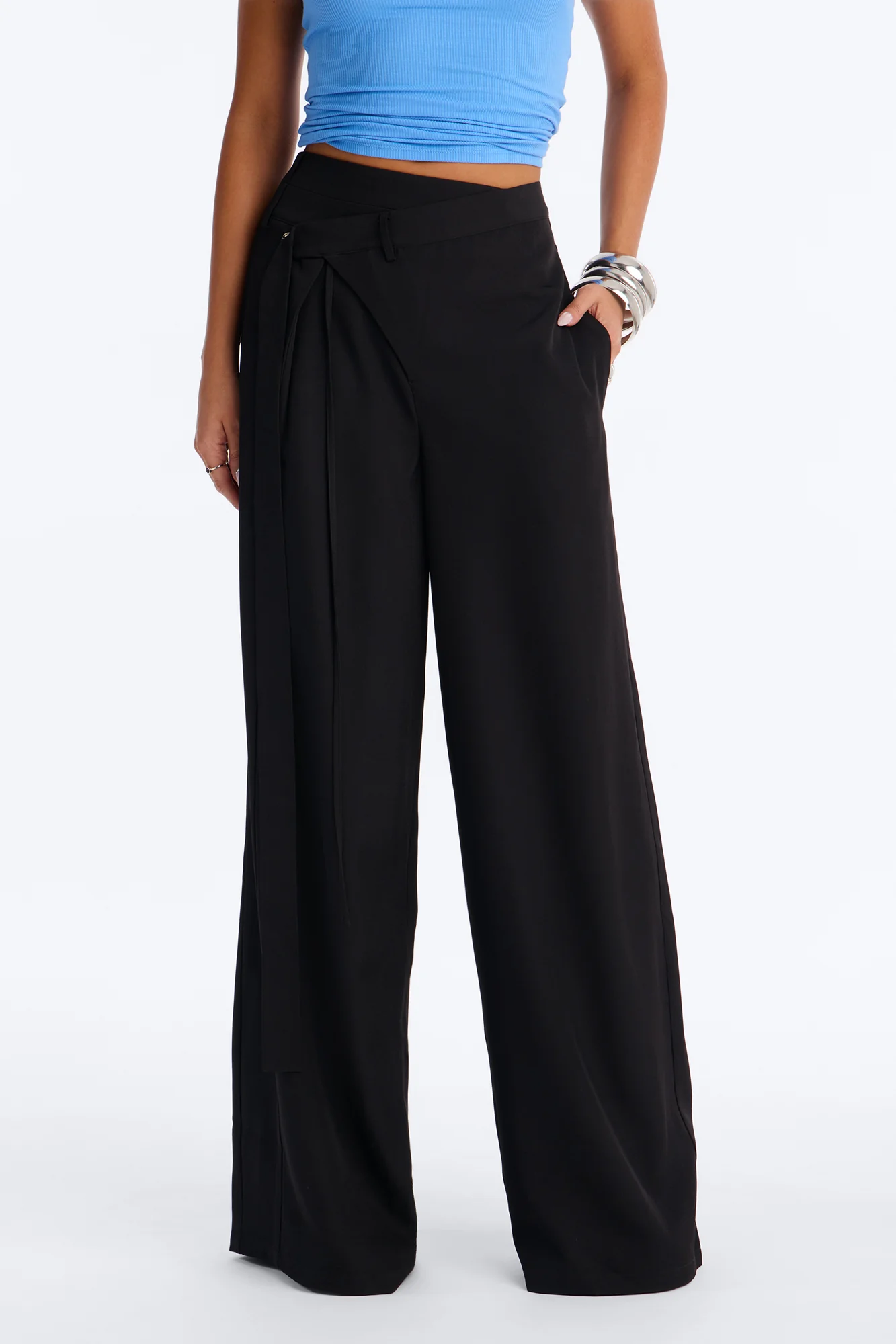 Center of Attention Asymmetrical Waist Wide Leg Trousers - Black - Image 2