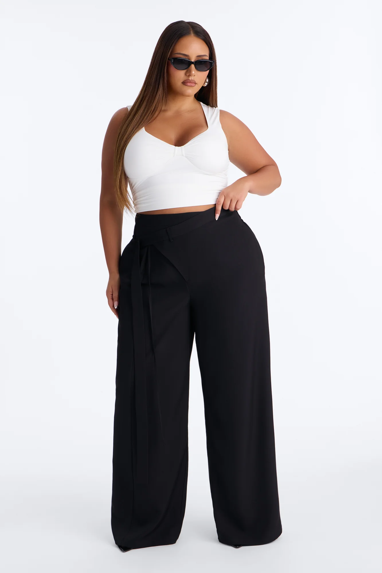 Center of Attention Asymmetrical Waist Wide Leg Trousers - Black - Image 5