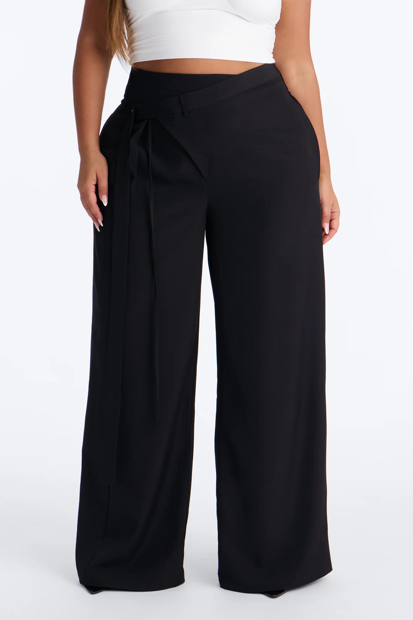 Center of Attention Asymmetrical Waist Wide Leg Trousers - Black - Image 6