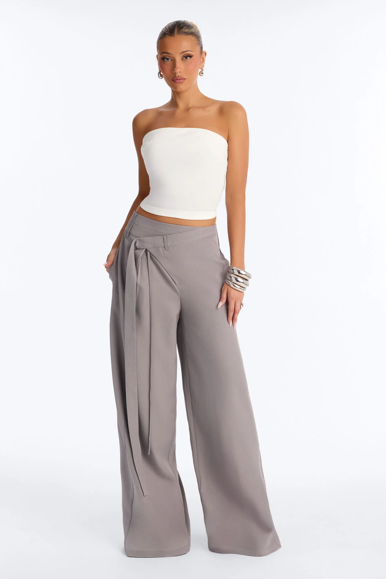 Center of Attention Asymmetrical Waist Wide Leg Trousers - Grey