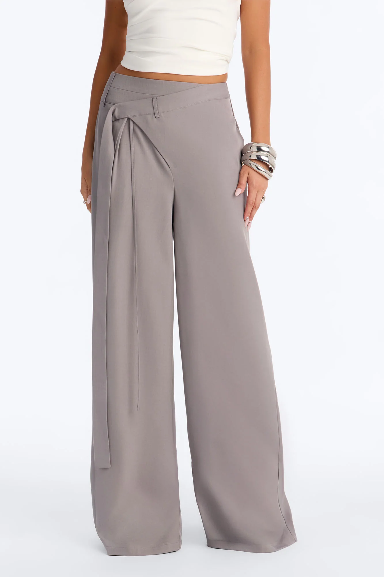 Center of Attention Asymmetrical Waist Wide Leg Trousers - Grey - Image 2