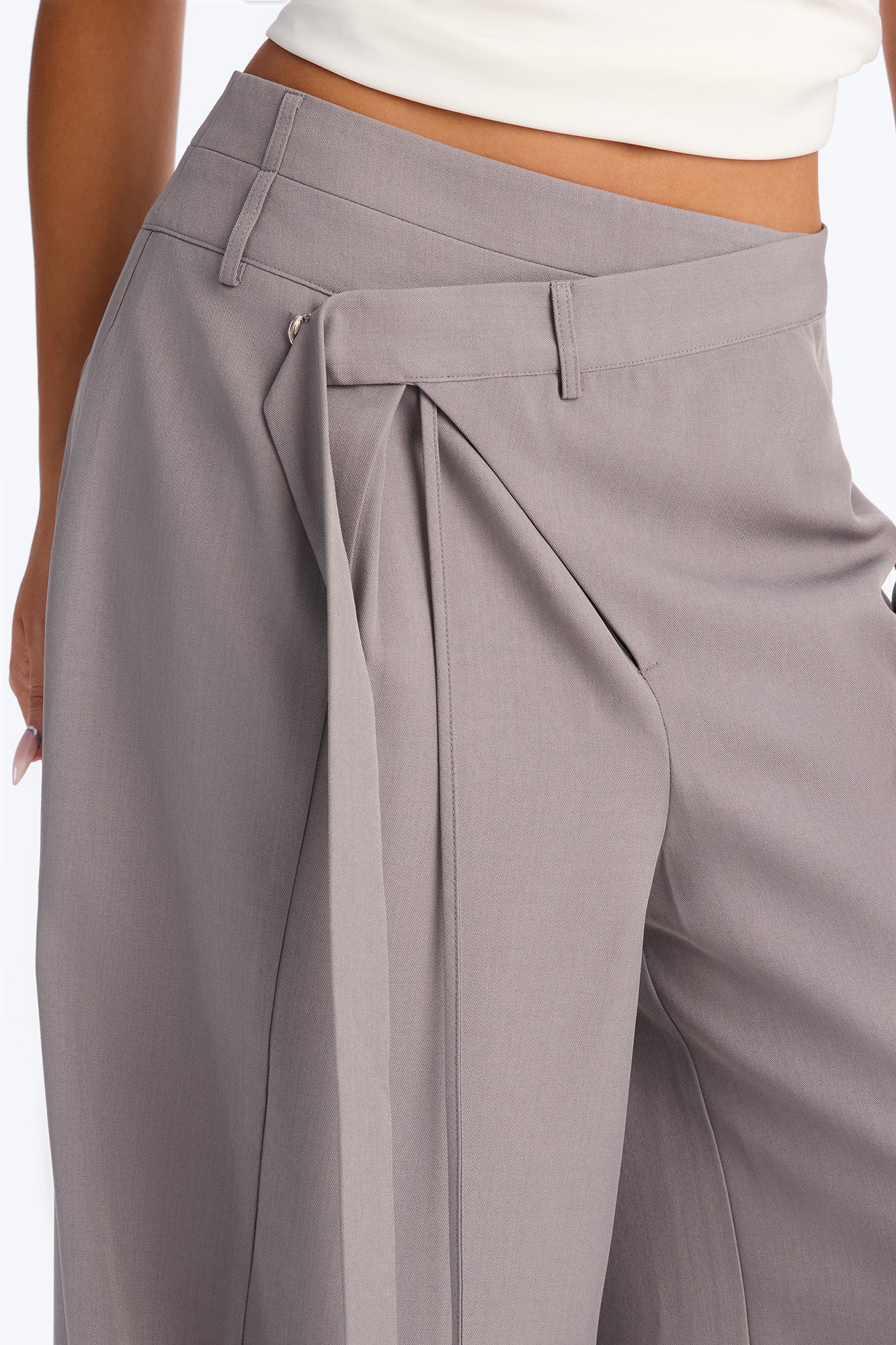 Center of Attention Asymmetrical Waist Wide Leg Trousers - Grey - Image 3