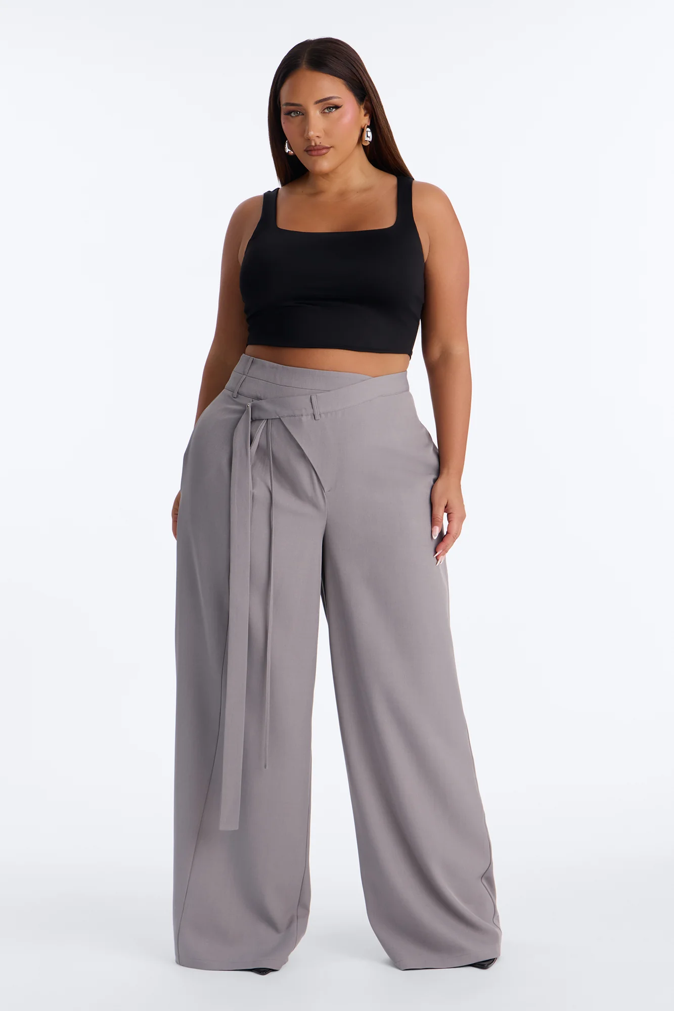 Center of Attention Asymmetrical Waist Wide Leg Trousers - Grey - Image 5
