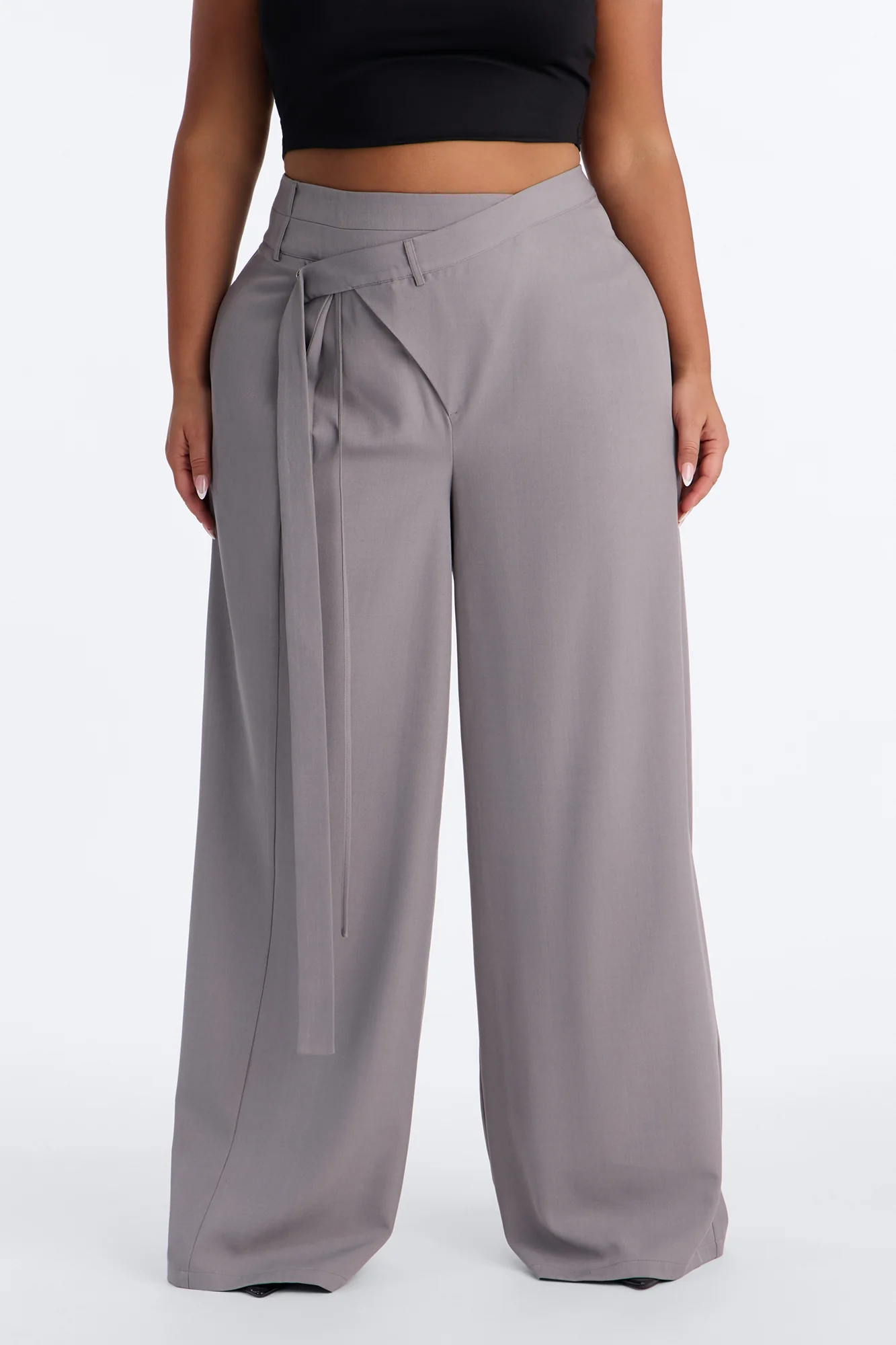 Center of Attention Asymmetrical Waist Wide Leg Trousers - Grey - Image 6