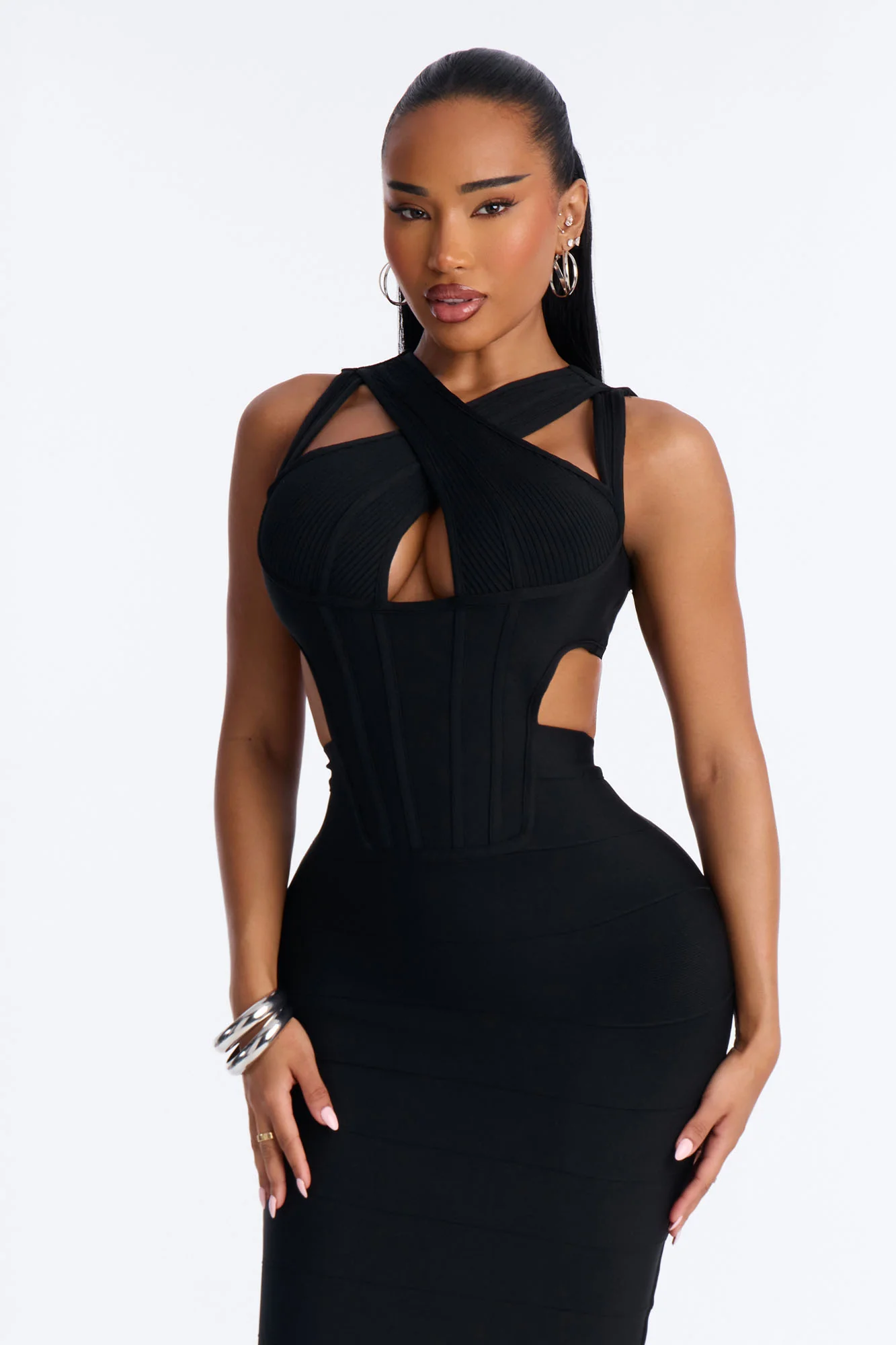 Center Of Attention Cut Out Bandage Midi Dress - Black - Image 2