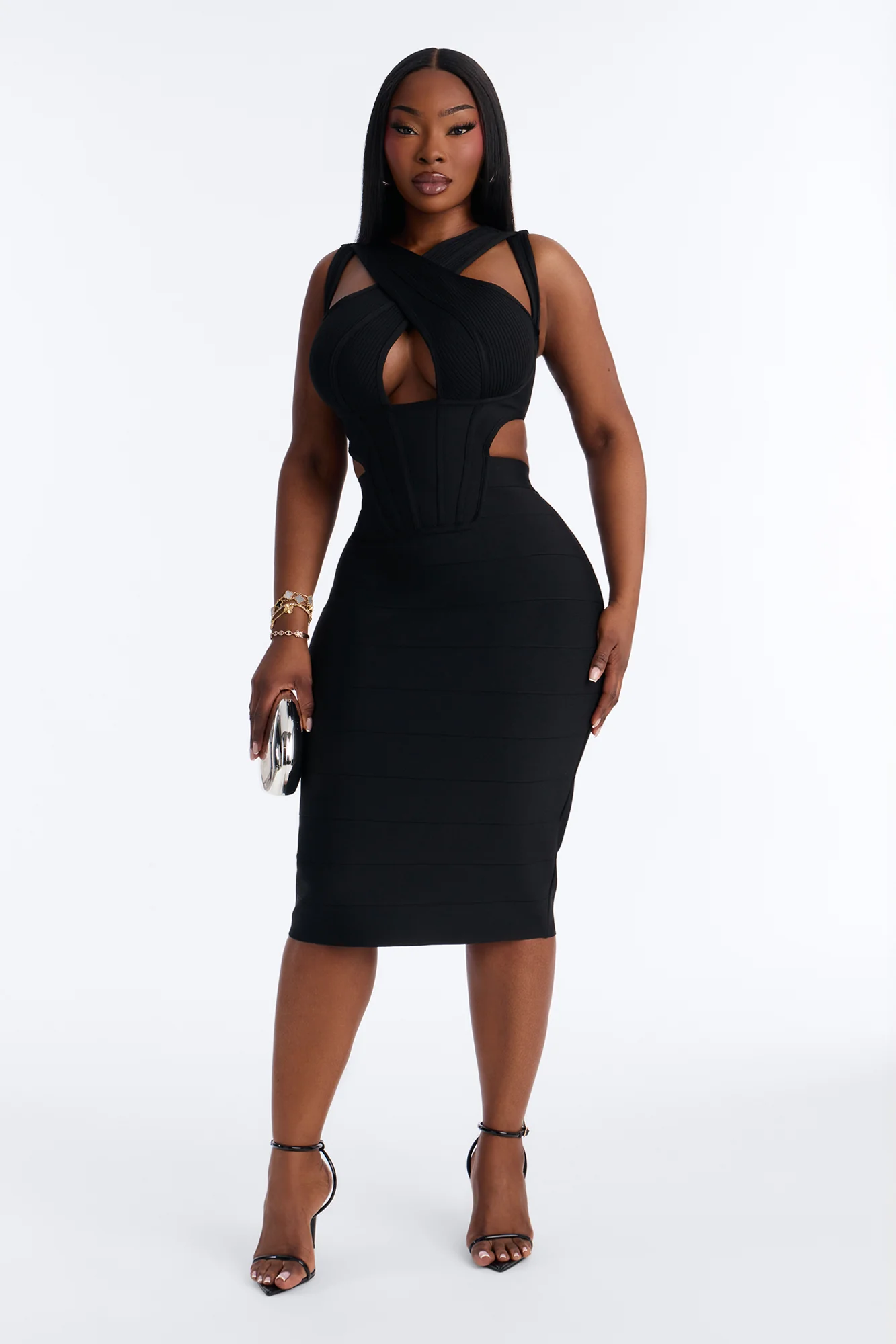Center Of Attention Cut Out Bandage Midi Dress - Black - Image 5