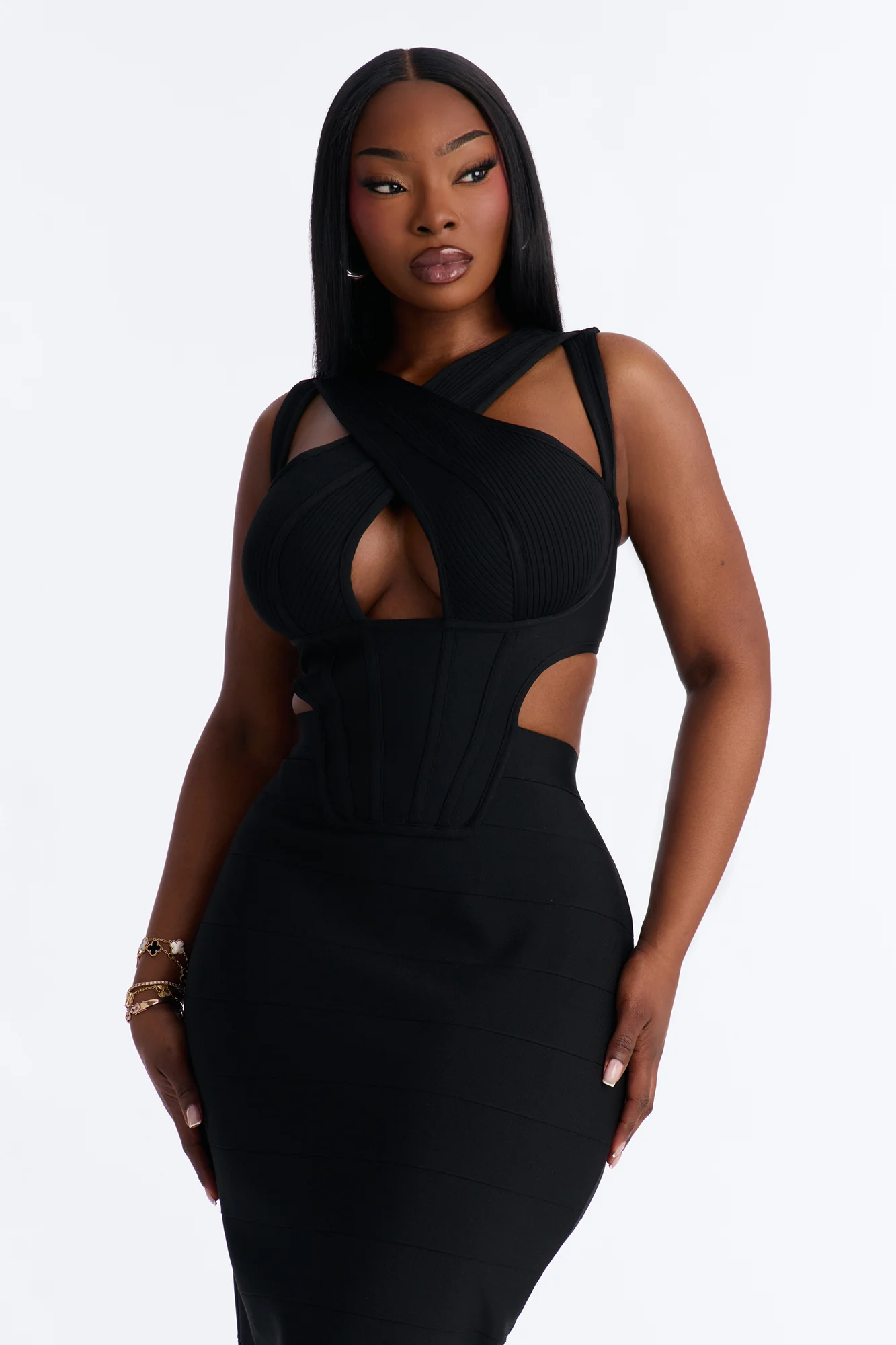 Center Of Attention Cut Out Bandage Midi Dress - Black - Image 6
