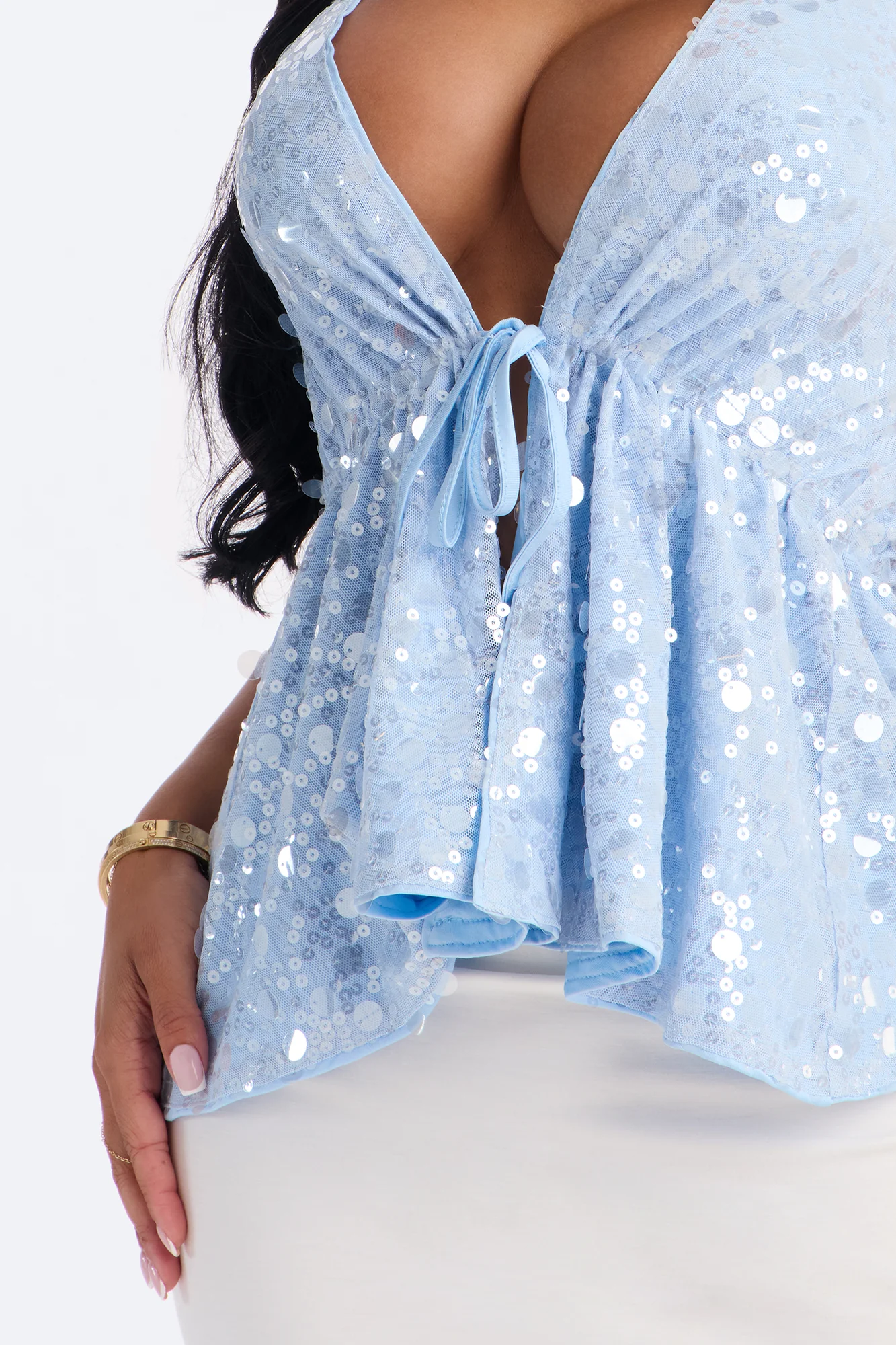Cerafina Sequin Halter Flyaway Top - SkyBlue - Image 3