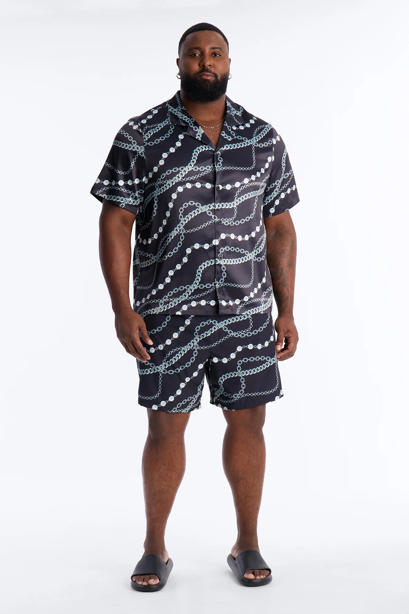 Chain Flex Printed Cuban Collar Button Up Shirt - Black - Image 6