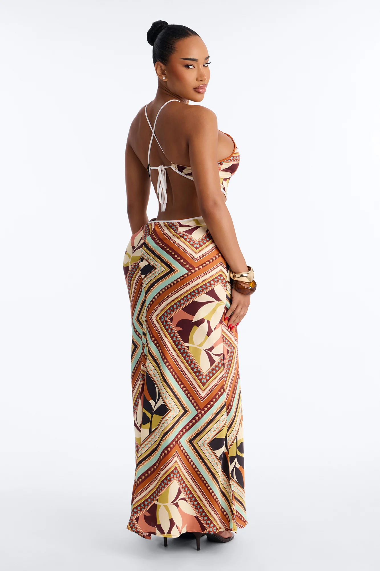 Chain Reaction Satin Maxi Dress - Brown/combo