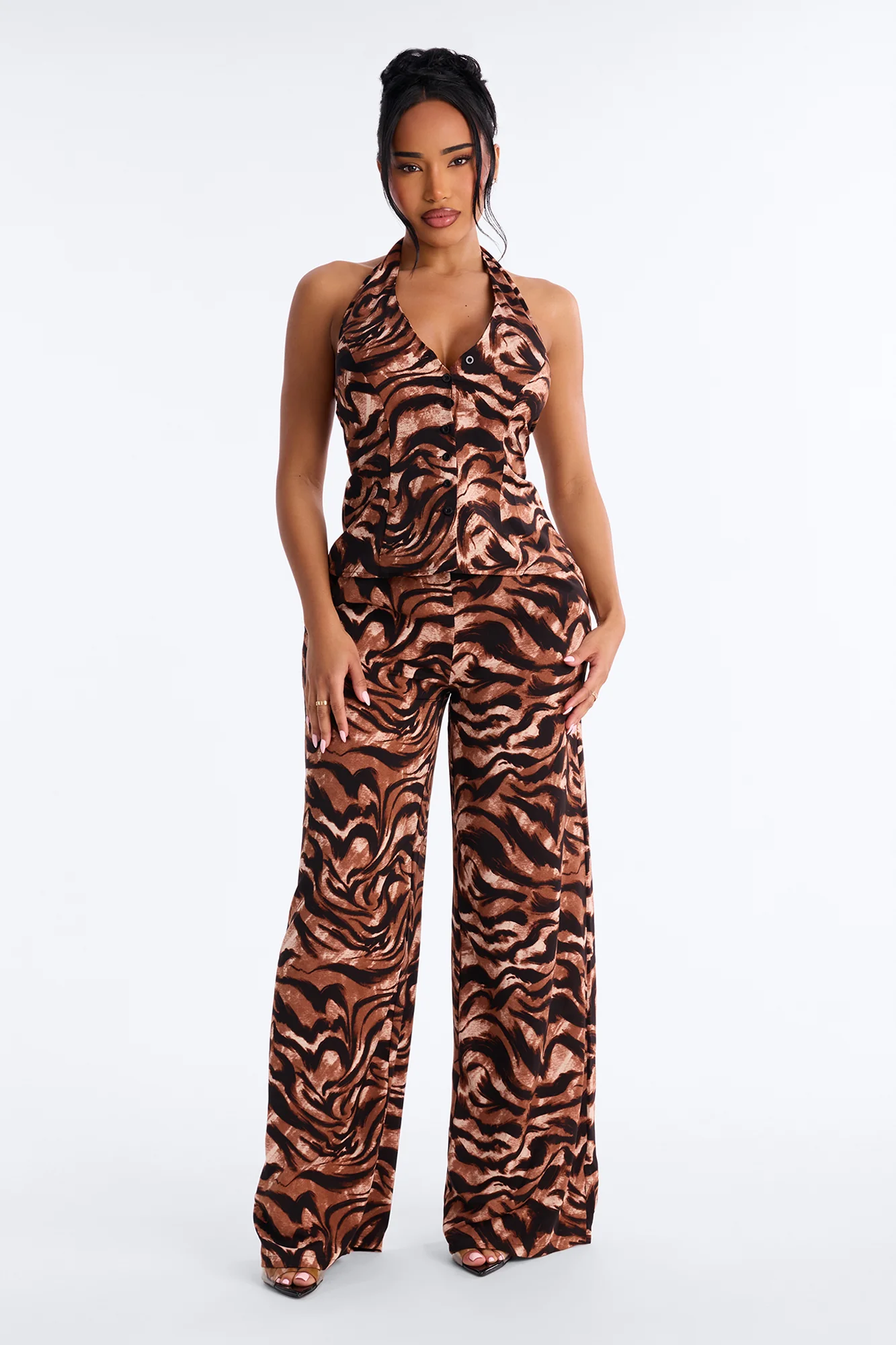 Charley Animal Print Halter Pant Set - Brown/combo
