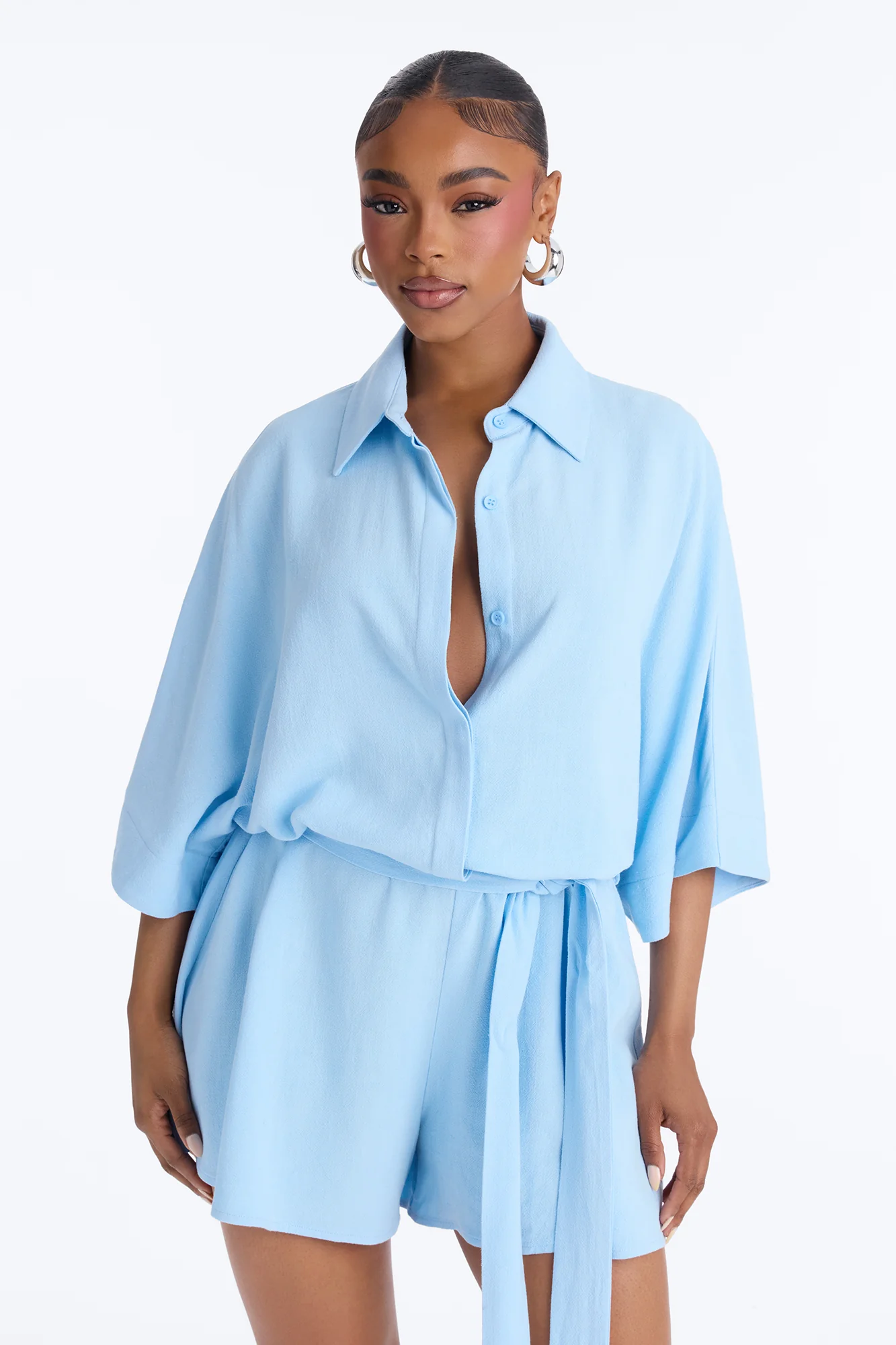 Charlotte Linen Romper - Light Blue - Image 2