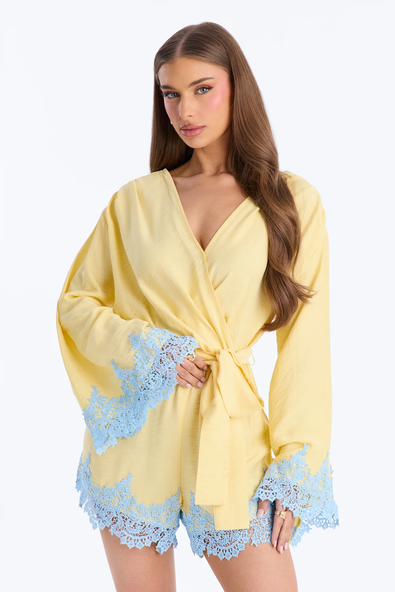 Cherie Lace Trim Tie Waist Romper - Butter Yellow - Image 2