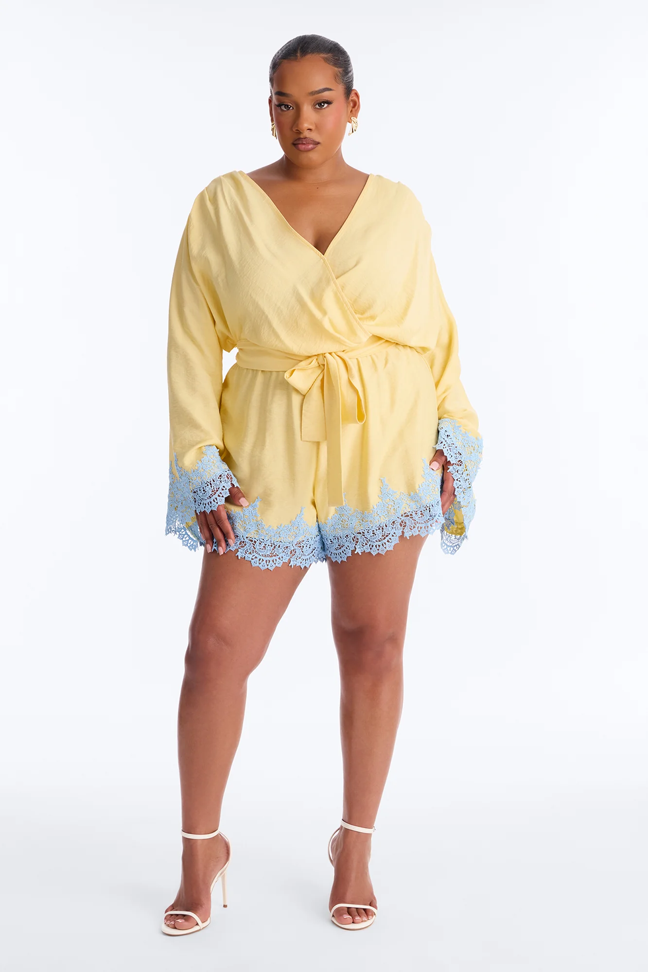 Cherie Lace Trim Tie Waist Romper - Butter Yellow - Image 5