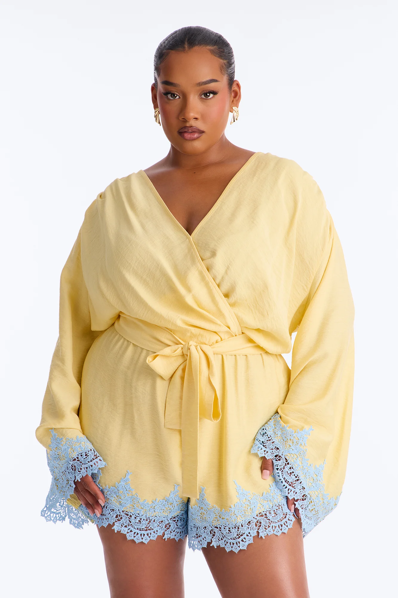 Cherie Lace Trim Tie Waist Romper - Butter Yellow - Image 6