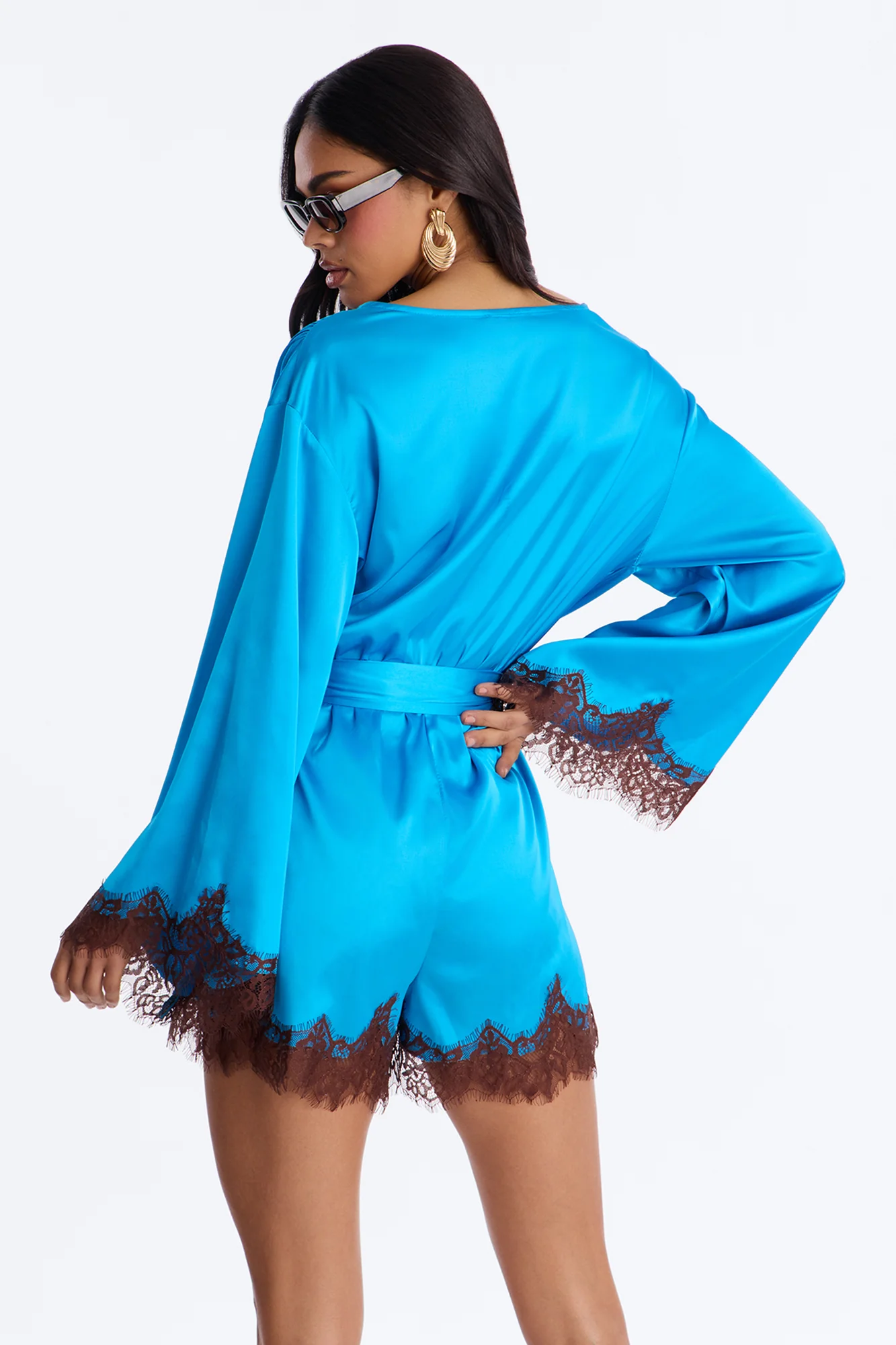Cherie Satin Lace Trim Romper - Blue - Image 4