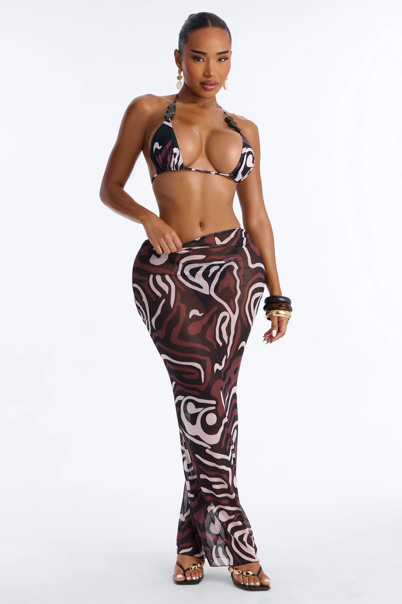 Cherise 3 Piece Swirl Print Beaded Triangle Bikini & Mesh Cover Up Maxi Skirt Sunsuit - Brown/combo