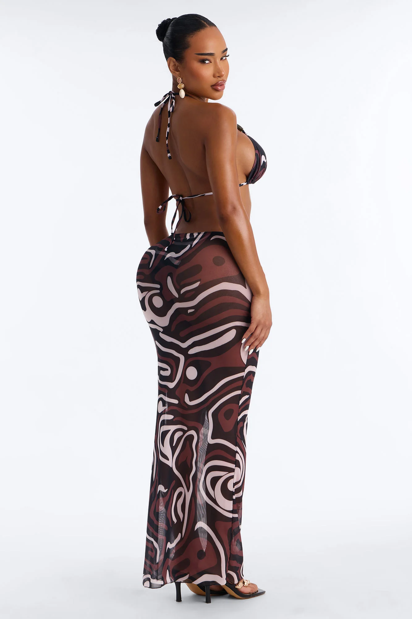 Cherise 3 Piece Swirl Print Beaded Triangle Bikini & Mesh Cover Up Maxi Skirt Sunsuit - Brown/combo - Image 5