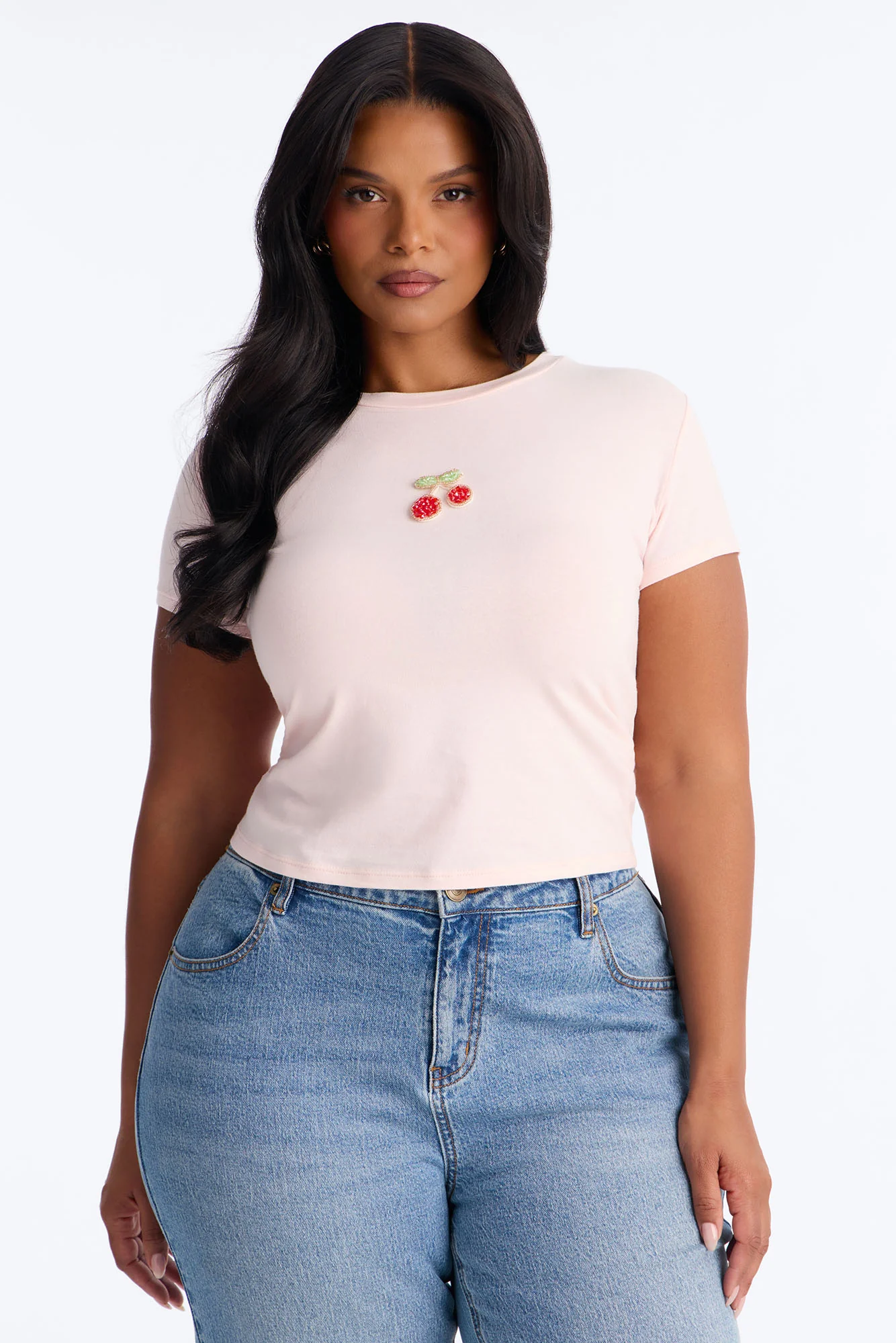 Cherry Embellished Baby Tee - Light Pink - Image 4