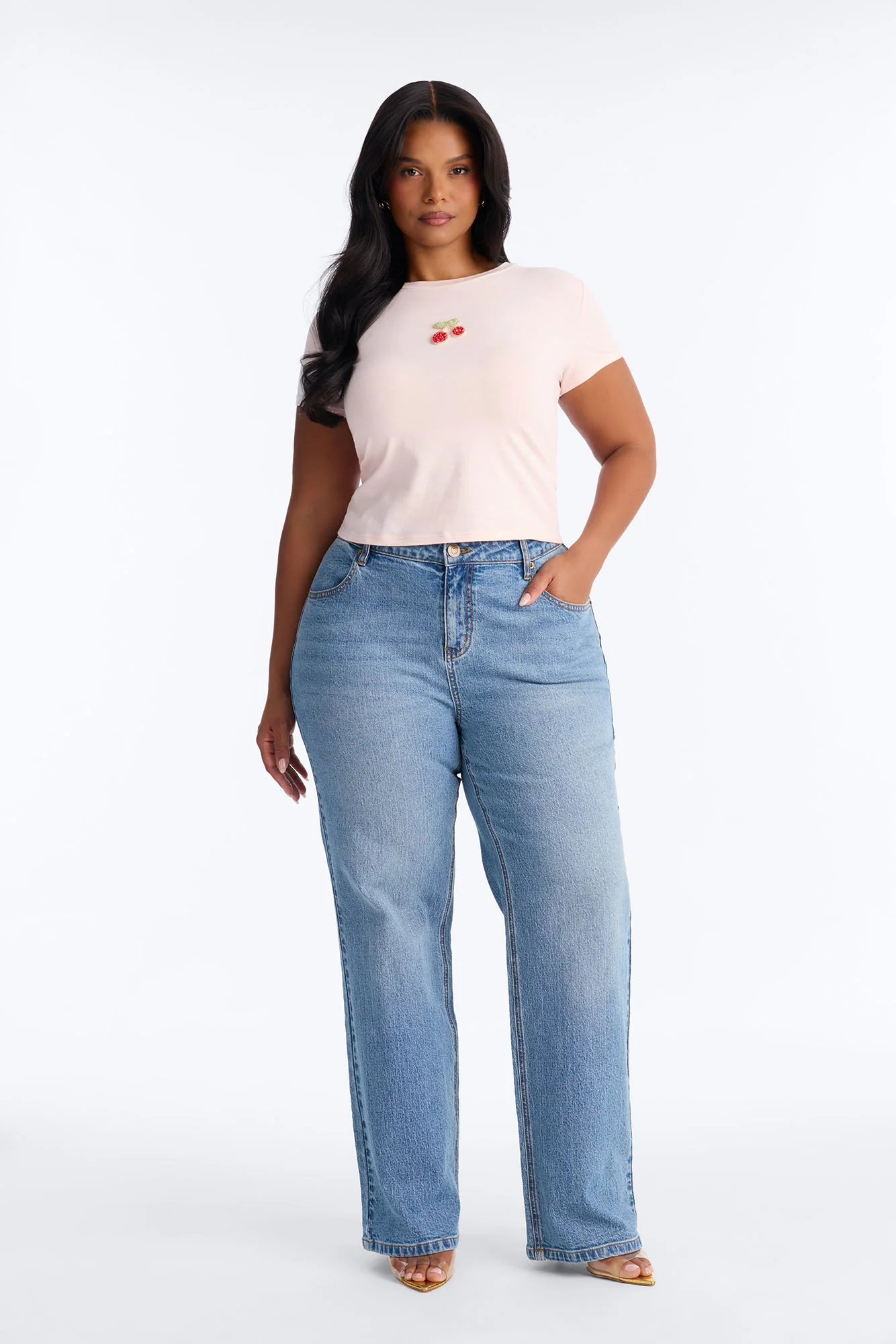 Cherry Embellished Baby Tee - Light Pink - Image 5