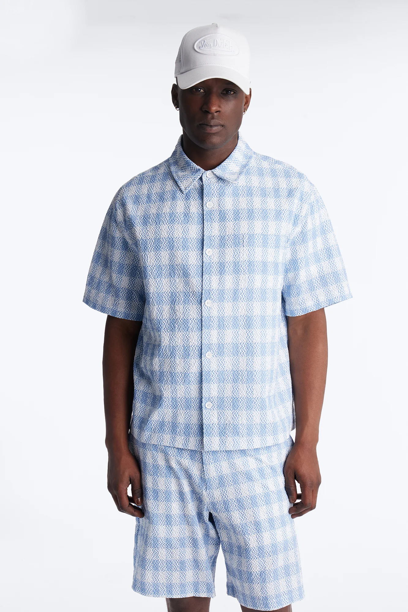Chess Check Seersucker Button Up Shirt - Blue