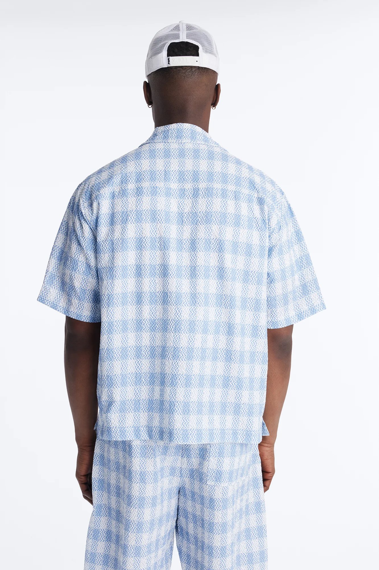 Chess Check Seersucker Button Up Shirt - Blue - Image 4