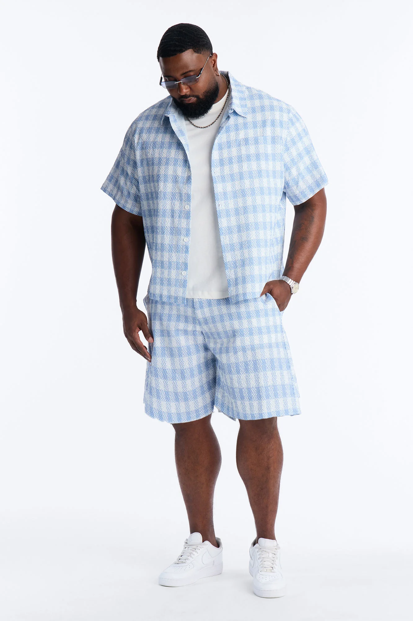 Chess Check Seersucker Button Up Shirt - Blue - Image 6