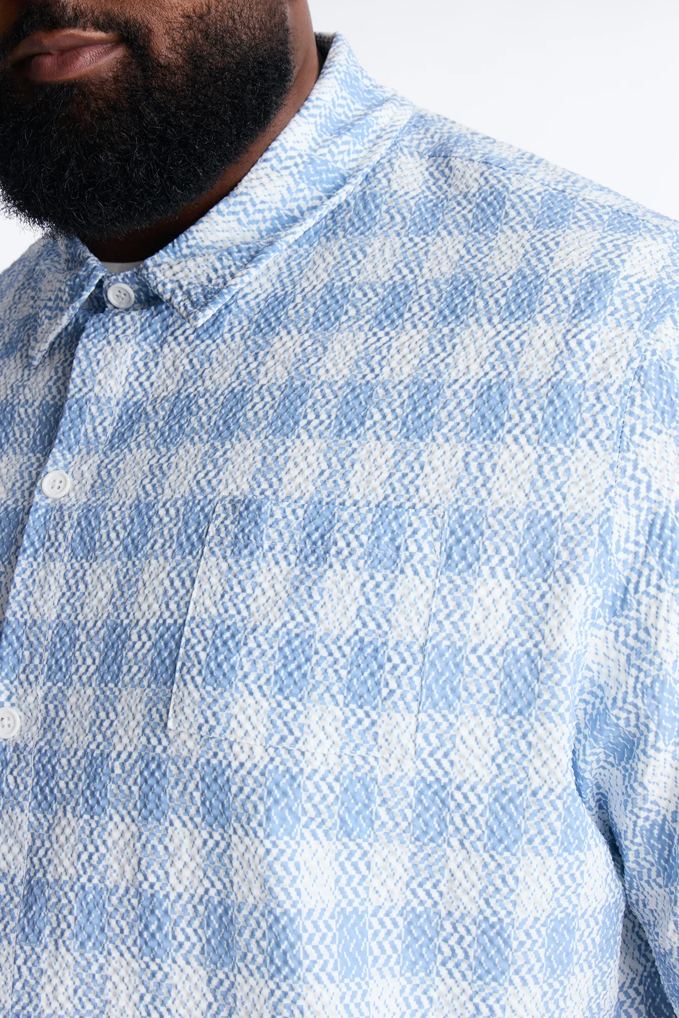 Chess Check Seersucker Button Up Shirt - Blue - Image 7