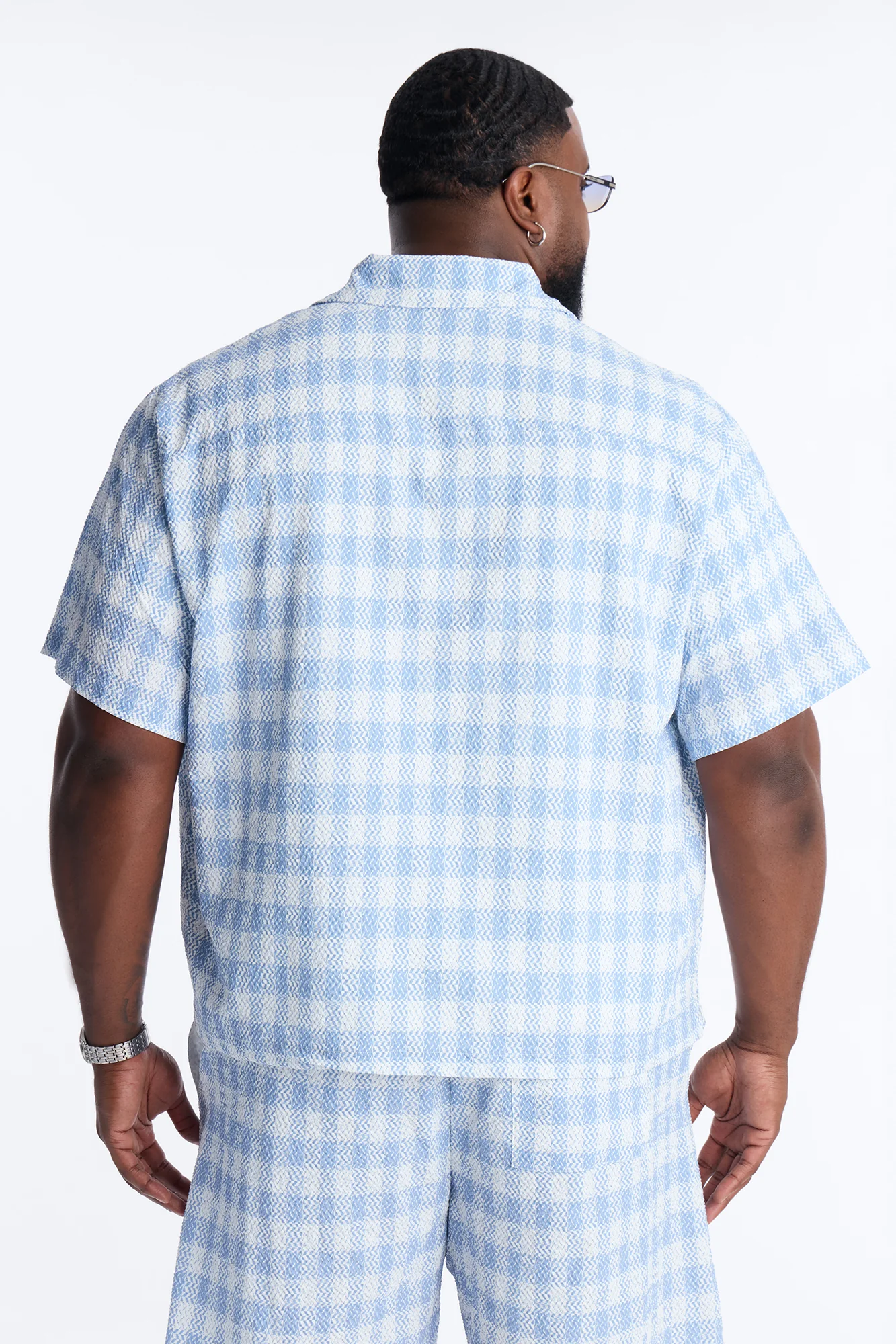 Chess Check Seersucker Button Up Shirt - Blue - Image 8