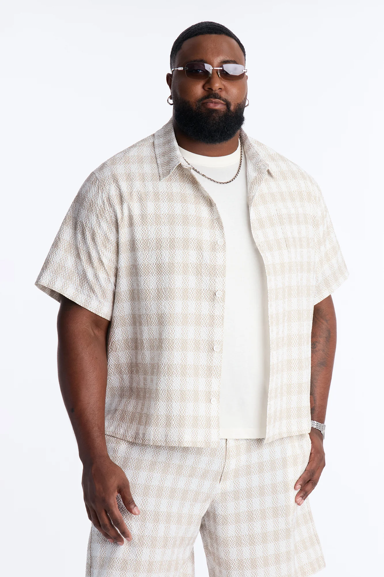 Chess Check Seersucker Button Up Shirt - Tan - Image 5
